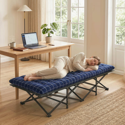 Outsunny Camping Cot with Soft Pad, 80cm Extra Wide Folding Cots with Side Pocket and Carry Bag, Blue 