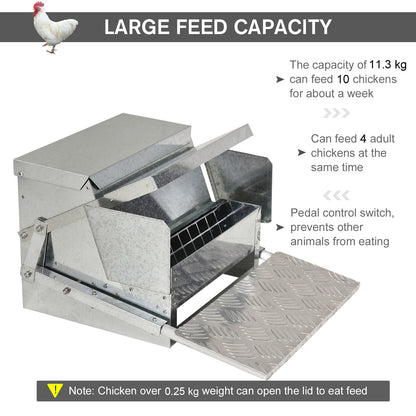 PawHut 11.5KG Automatic Chicken Poultry Feeder Rat Proof Treadle Self Opening with Galvanized Steel and Aluminium 