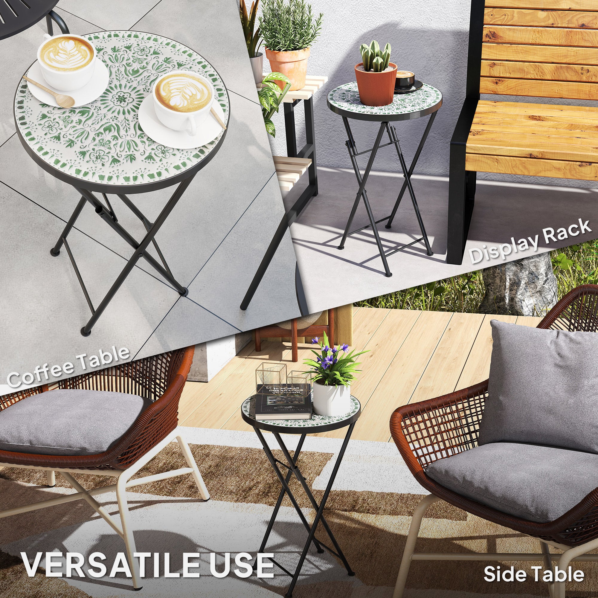 Outsunny Mosaic Outdoor Garden Table, 35.5cm Round Folding Coffee Table with Metal Frame for Balcony Terrace, Green 