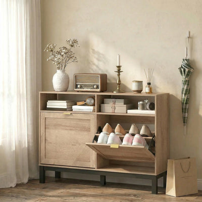 HOMCOM Shoe Cabinet with 2 Flip Drawers, Narrow Shoe Storage Top for Entryway Hallway, Walnut Brown 