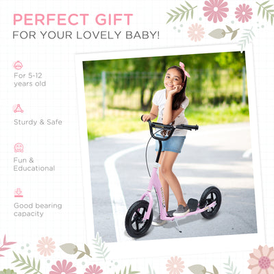 HOMCOM Kids Scooter Kick Scooter with 12" EVA Tyres, Rear Brake, Big Wheels Scooter for 5-12 Years Old, Pink 