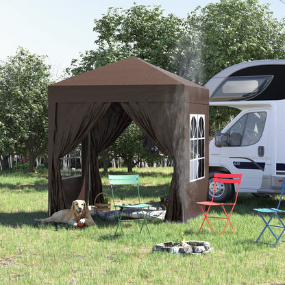 Outsunny 2 x 2 m Garden Pop Up Gazebo, Wedding Party Tent Marquee, Water Resistant Awning Canopy with Sidewalls, Windows, Carry Bag, Coffee 