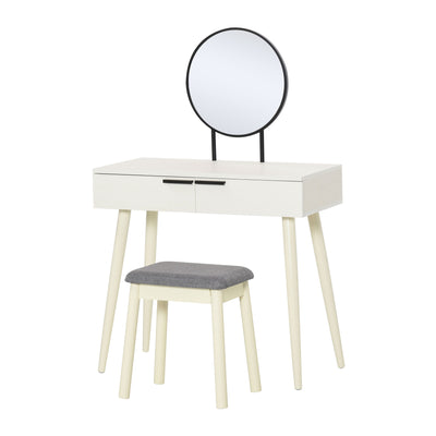 HOMCOM Dressing Table with Mirror and Stool, Vanity Makeup Desk Set with 2 Drawers, Cushioned Stool and Make-up Organizer for Bedroom and Dressing Room, White 