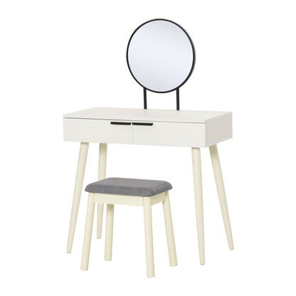 HOMCOM Dressing Table with Mirror and Stool, Vanity Makeup Desk Set with 2 Drawers, Cushioned Stool and Make-up Organizer for Bedroom and Dressing Room, White 