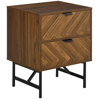 HOMCOM Bedside Table with Two Drawers, Side Cabinet Storage Unit with Metal Handles, Organisation Furniture for Living Room, Bedroom, Walnut Brown 