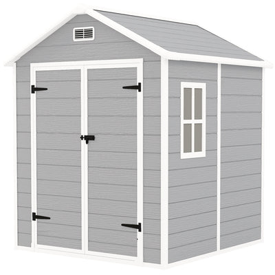 Outsunny 6 x 5ft Garden Shed, Plastic Shed with Floor, Window, Lockable Doors and Vents, Wood Effect Resin Tool Shed for Outdoor Patio, Light Grey 