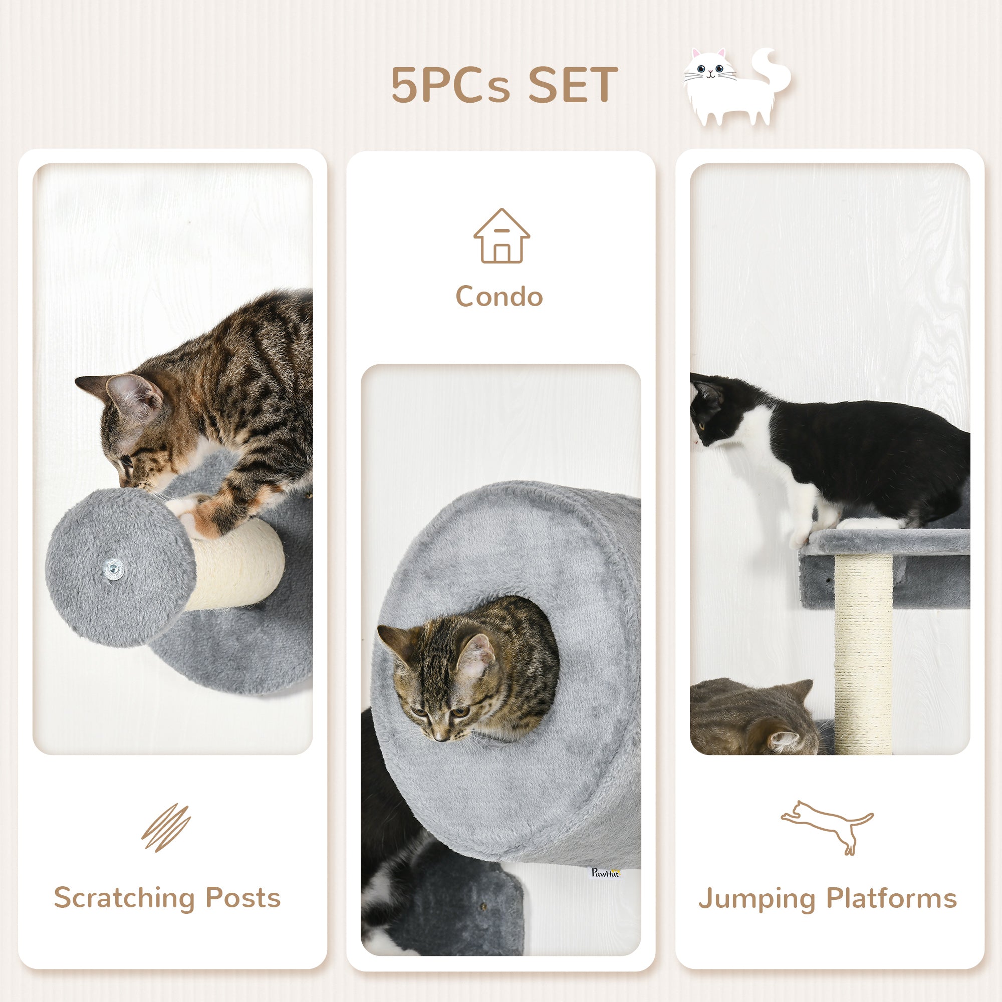 PawHut 5PCs Cat Wall Furniture with Perch, Cat House, Scratching Post 