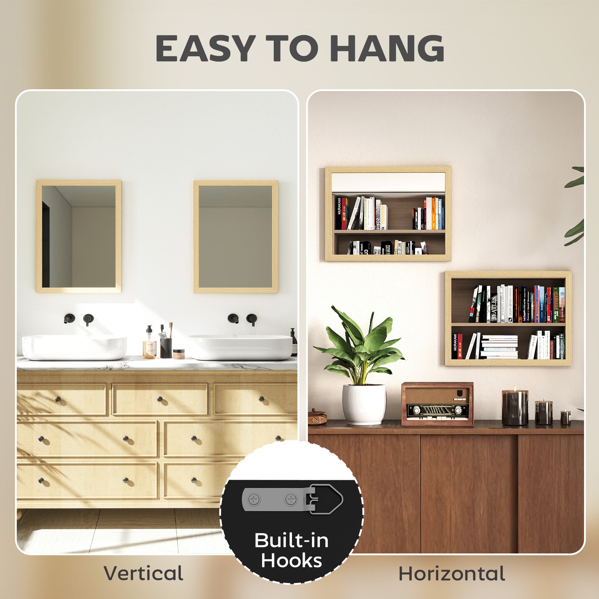 HOMCOM Wall Bathroom Mirror, 30 x 40 cm Wall-Mounted Mirror for Living Room, Bedroom, Hallway, Set of 2, Natural 