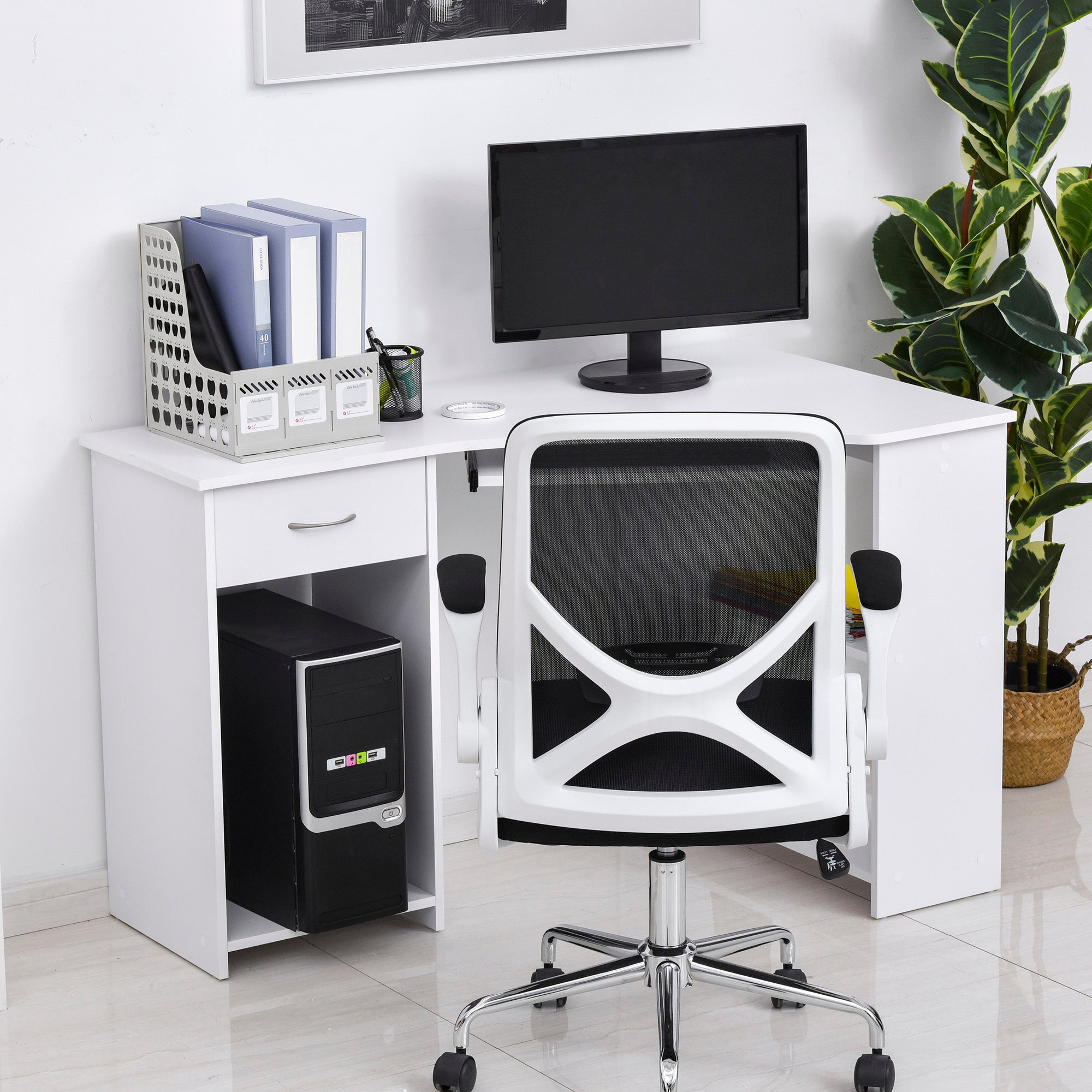 HOMCOM L-Shaped Corner Computer Desk w/ 2 Shelves Wide Worktop Keyboard Tray Drawer & CPU Stand Home Office Study Bedroom Furniture White 