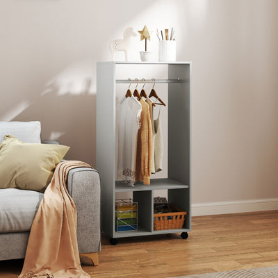 HOMCOM Open Wardrobe for Bedroom, Small Wardrobe on Wheels with Clothes Rail, Storage Shelves, Mobile Garment Rack for Clothes Storage, Cloakroom, Hallway, Grey 
