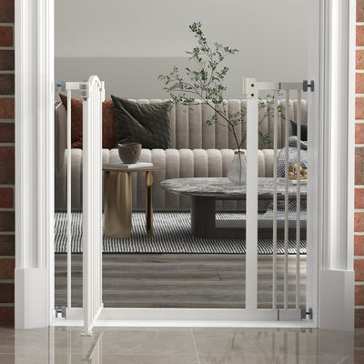PawHut Metal 74-87cm Adjustable Pet Gate Safety Barrier w/ Auto-Close Door White 