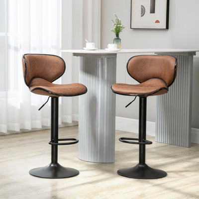 HOMCOM Bar Stool Set of 2 Microfiber Cloth Adjustable Height Armless Chairs with Swivel Seat, Brown 