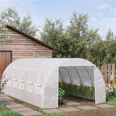 Outsunny 6 x 3 x 2 m Polytunnel Greenhouse with Roll-up Side Walls, Walk-in Grow House Tent with Steel Frame, Reinforced Cover, Zipped Door and 12 Mesh Windows for Garden, White 