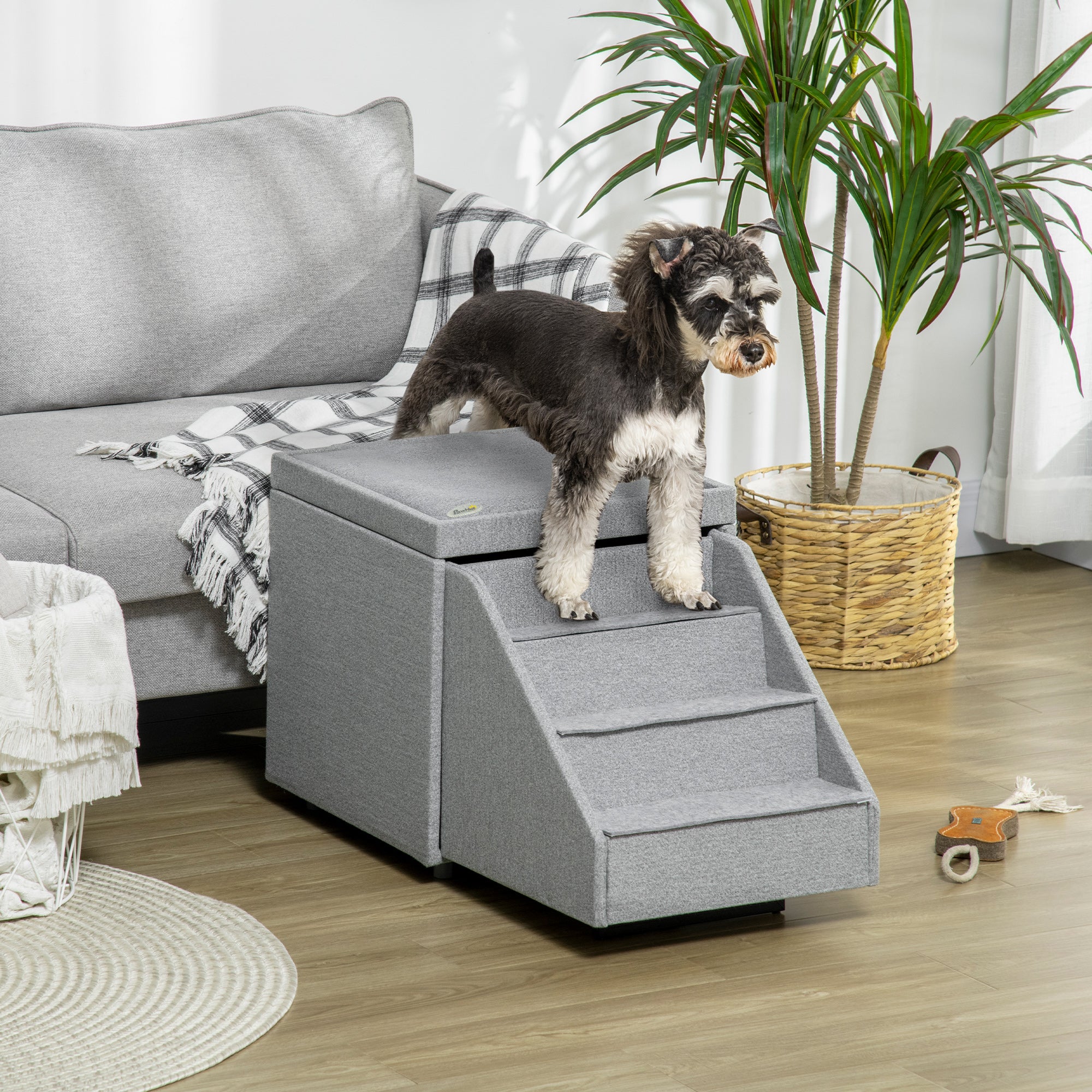 PawHut 2 in 1 Dog Steps Ottoman, Four-Tier Pet Stairs, for Small, Medium Dogs and Cats, with Storage Compartment - Grey 