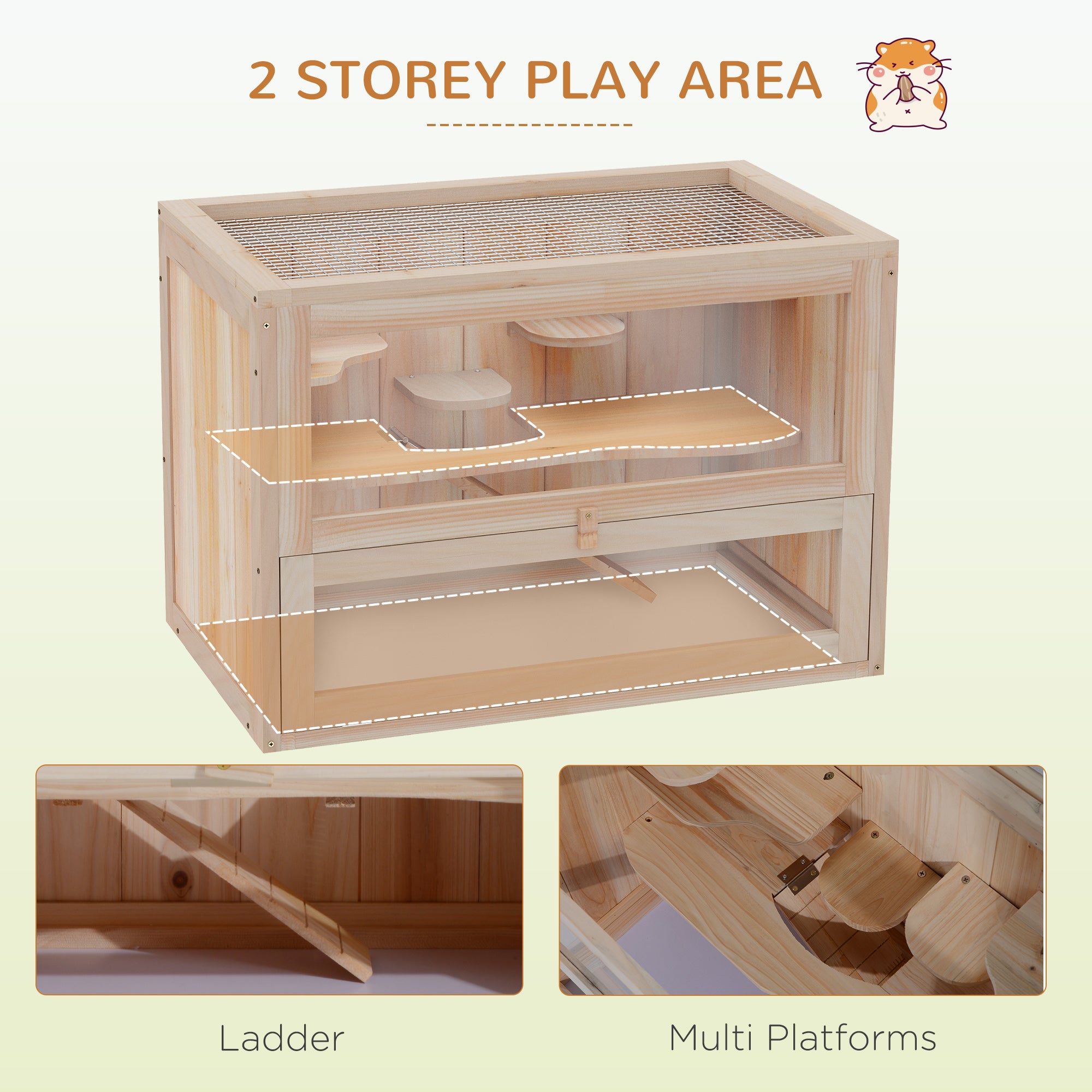 PawHut Wooden Hamster Cage Mouse Mice Rodent Small Animals Hutch Exercise Play House 60 x 35 x 42cm, Natural Wood Finish 