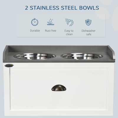 PawHut Stainless Steel Raised Dog Bowls, with 21L Storage Drawer for Large Dogs and Cats - White 