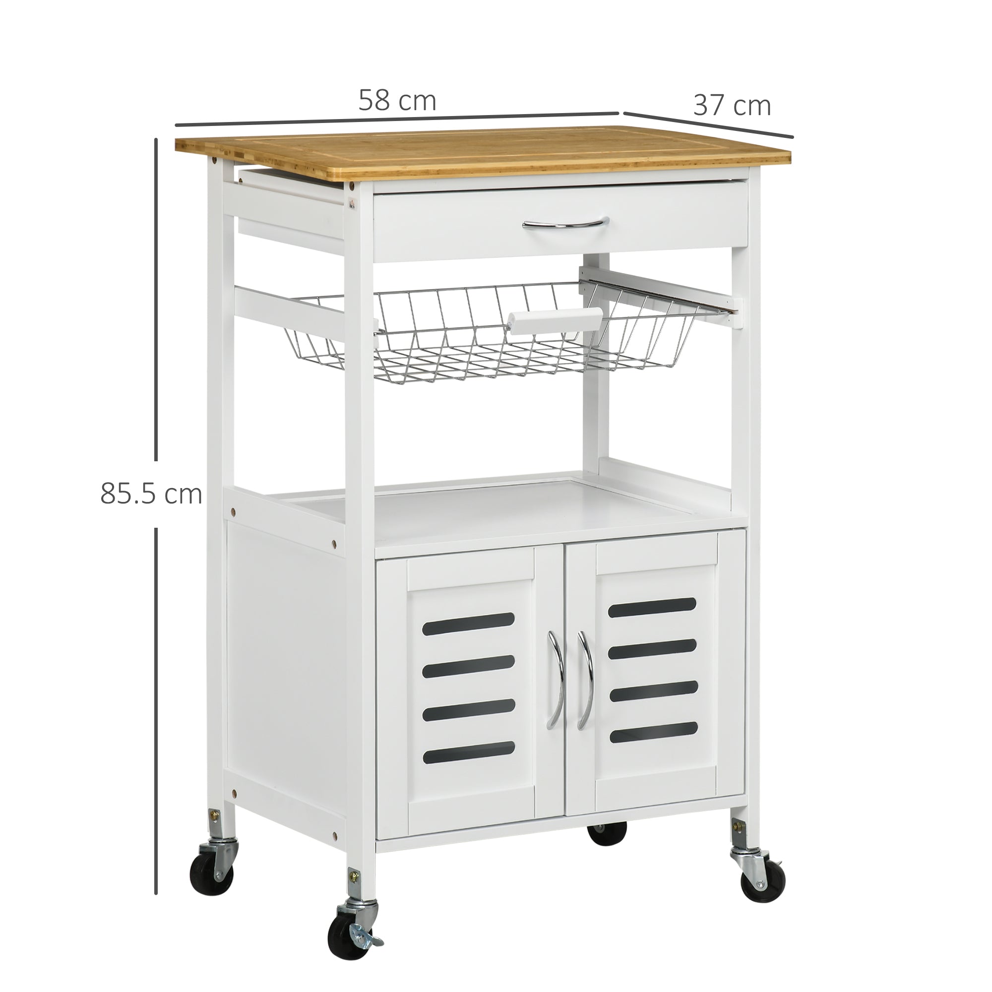 HOMCOM Rolling Kitchen Island Trolley Utility Cart on Wheels with Bamboo Table Top, Storage Cabinet, Drawer and Wire Basket 