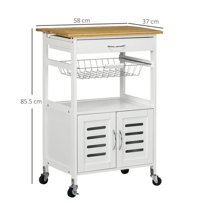 HOMCOM Rolling Kitchen Island Trolley Utility Cart on Wheels with Bamboo Table Top, Storage Cabinet, Drawer and Wire Basket 