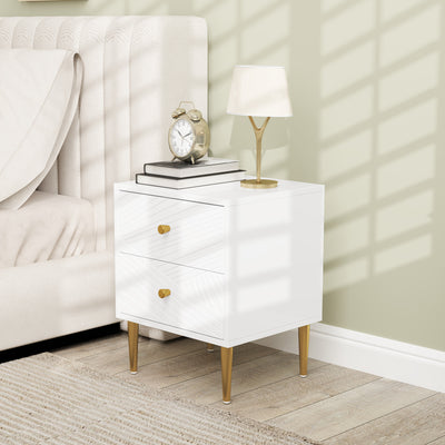 HOMCOM Elegant Two-Drawer Bedside Table - White/Gold-Tone 