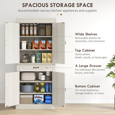 HOMCOM Kitchen Cupboard with 4 Doors, Freestanding Storage Cabinet with Wide Drawer and Shelves for Living Room, 180cm, White Wood Grain 