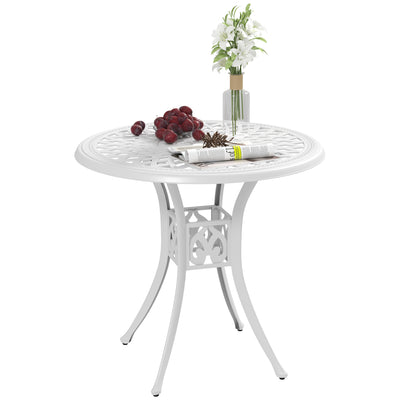 Outsunny 78 cm Round Garden Dining Table with Parasol Hole Antique Cast Aluminium Outdoor Table Only, White 