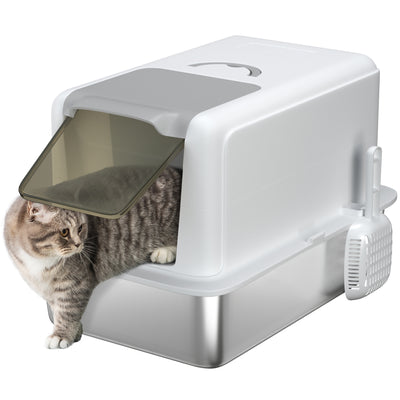 PawHut Stainless Steel Cat Litter Box with Removable Lid, Scoop, Filter Bags, for Larger Cats, White 