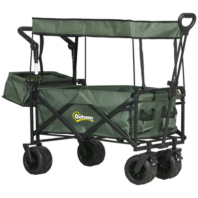 Outsunny Folding Trolley Cart Storage Wagon Beach Trailer 4 Wheels with Handle Overhead Canopy Cart Push Pull for Camping, Green 