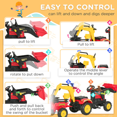 HOMCOM Kids Children Pedal Go Kart Ride On Toy Car Excavator Tractor w/ Moving Bucket Steering Wheel Removable Digger For 3 - 6 Years 