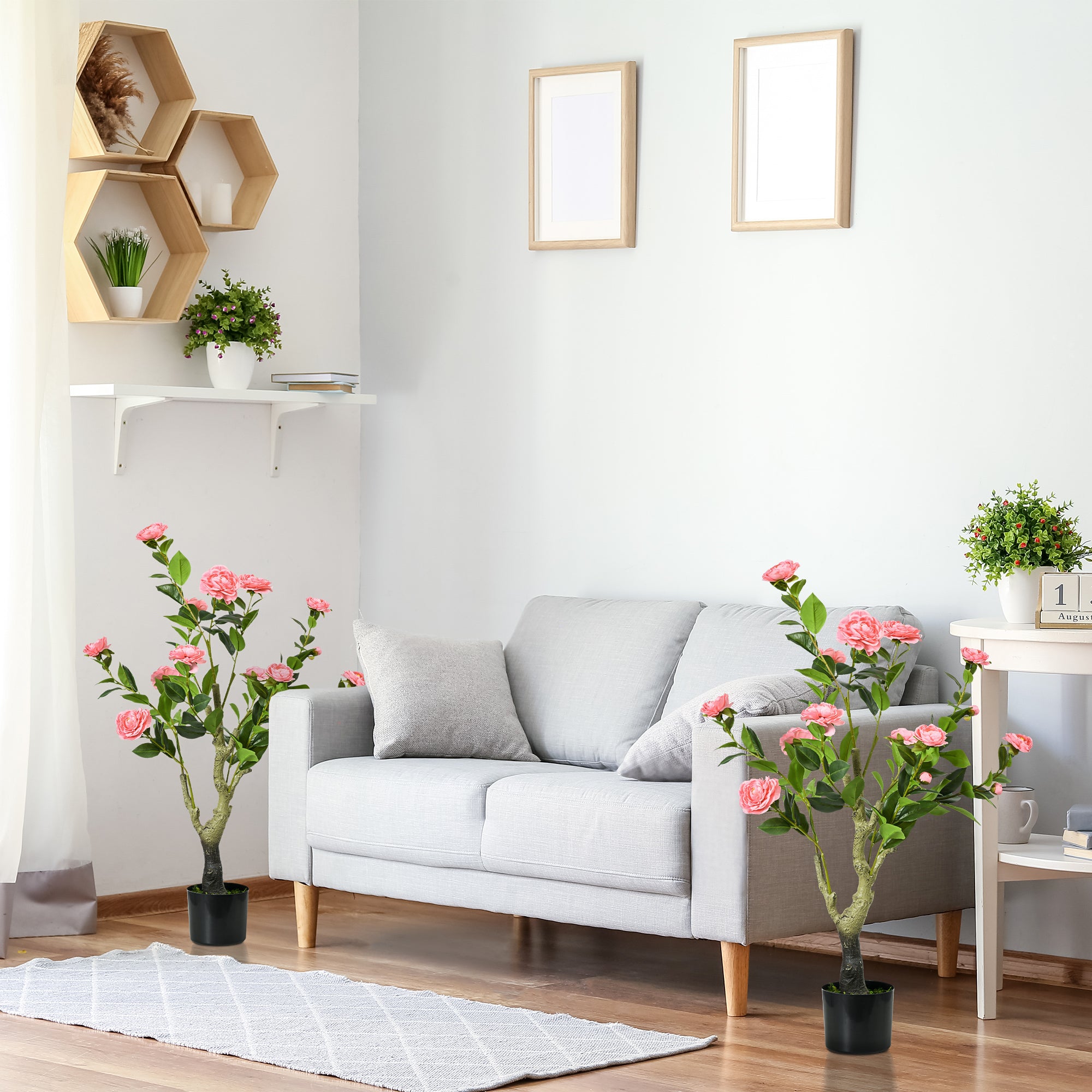 HOMCOM 2 Pieces Decorative Artificial Plants Camellia Flower with Pot, Fake Plant for Home Indoor Outdoor Decor, 95cm, Pink 