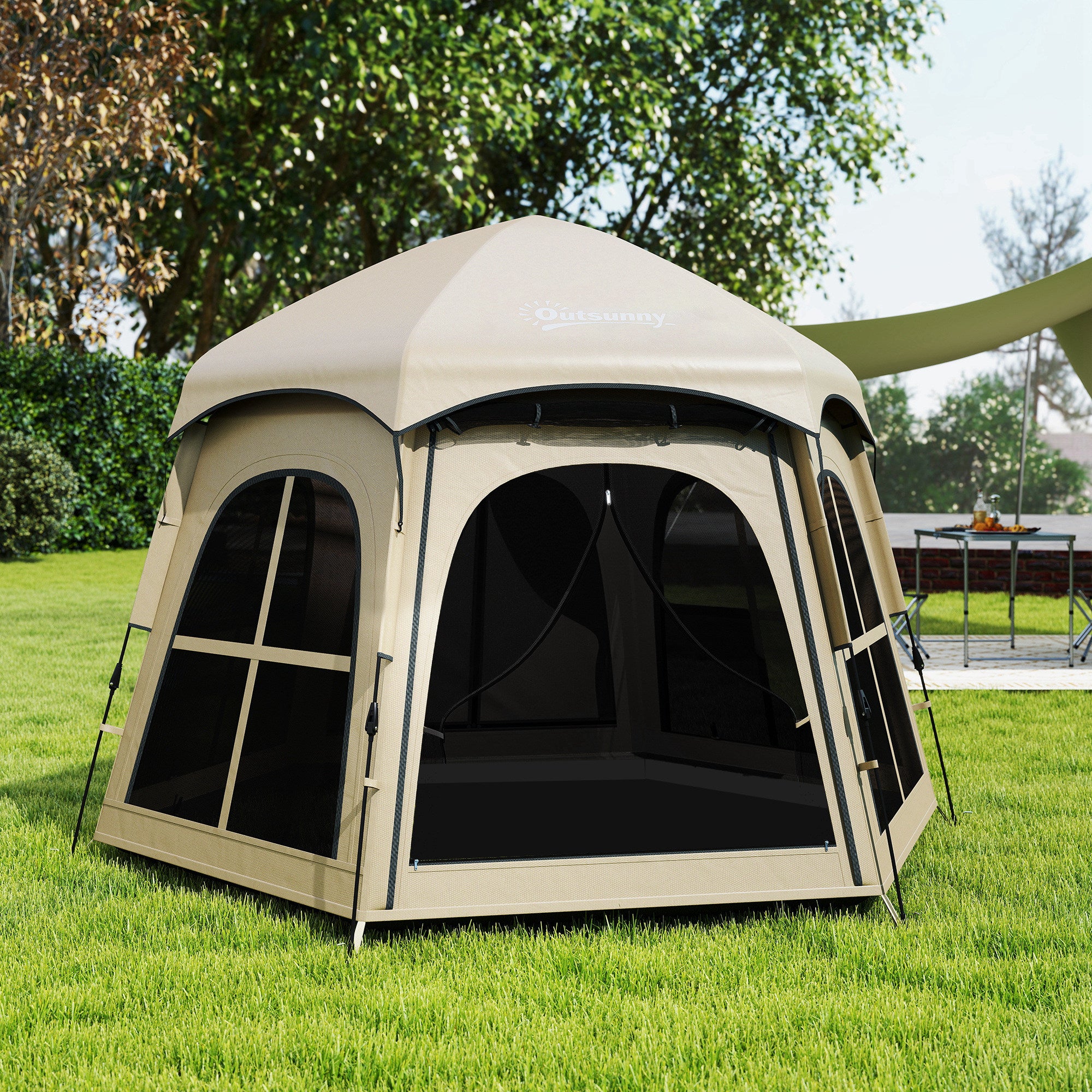 Outsunny Pop Up Tent 3000mm Waterproof Instant Camping Tent 3-4 Person with 2 Doors 4 Windows Khaki 