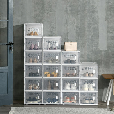 HOMCOM 18PCS Clear Shoe Box, Plastic Stackable Shoe Storage Box for UK/EU Size up to 12/46 with Magnetic Door for Women/Men, 28 x 36 x 21 cm 