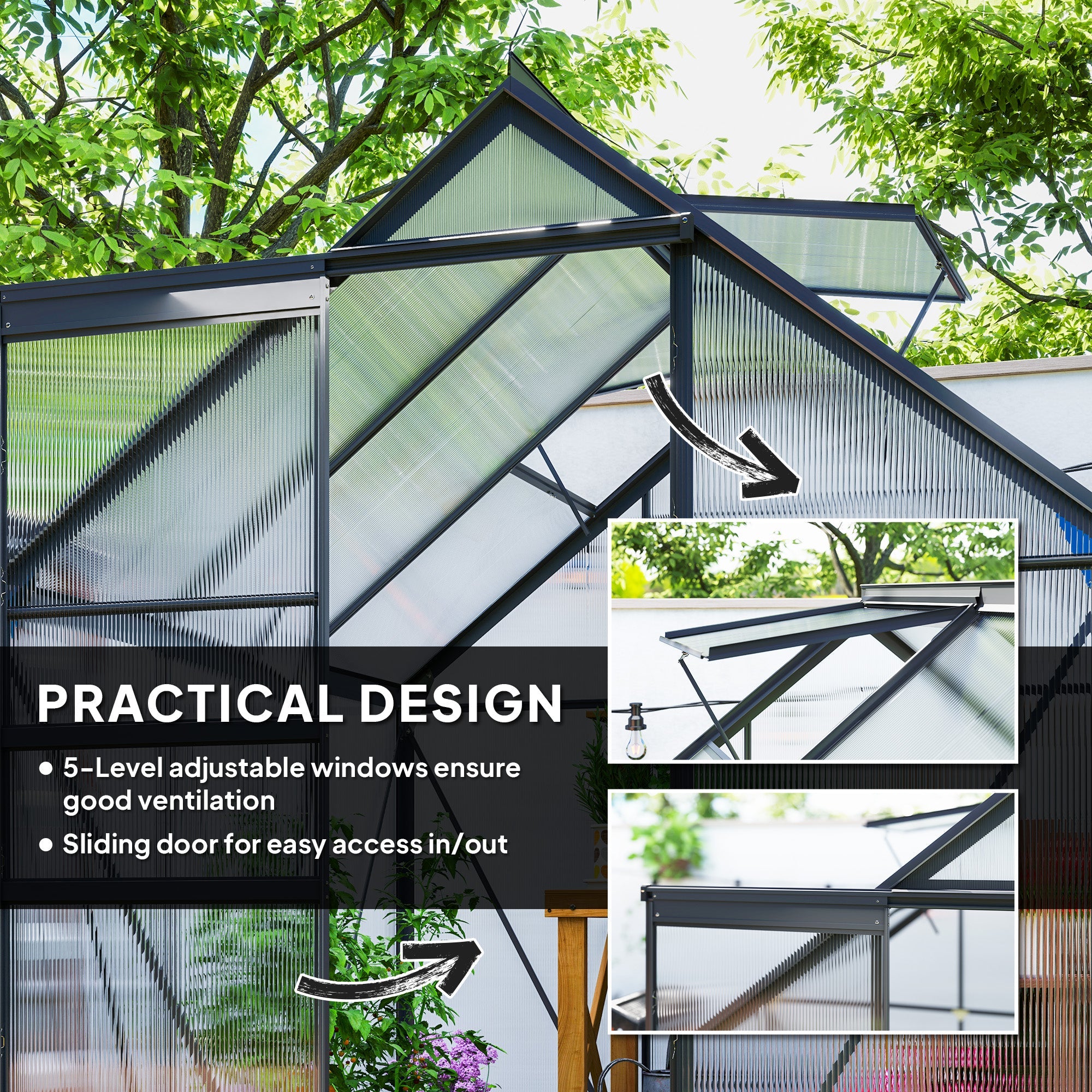 Outsunny 190 x 190cm Walk-In Polycarbonate Greenhouse - Grey 