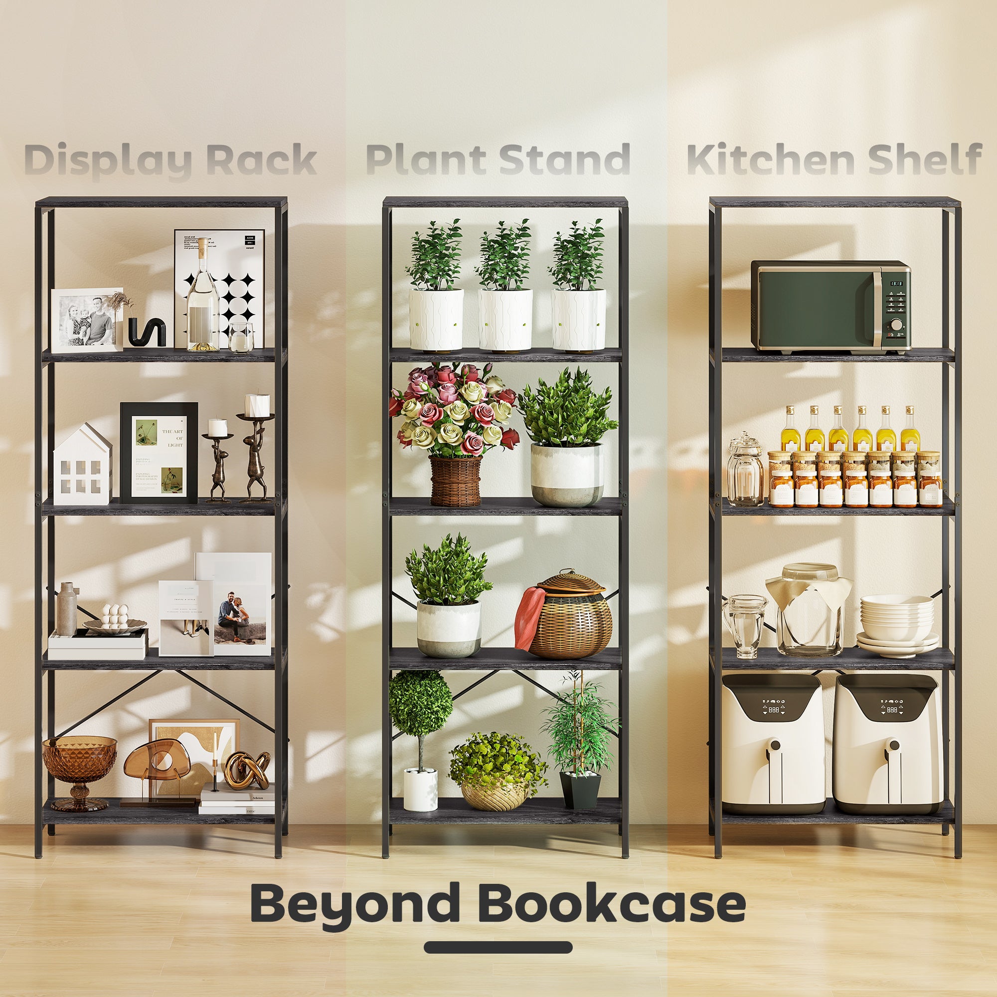 HOMCOM 5-Tier Bookshelf, Industrial Bookcase with Metal Frame - Dark Grey and Black 