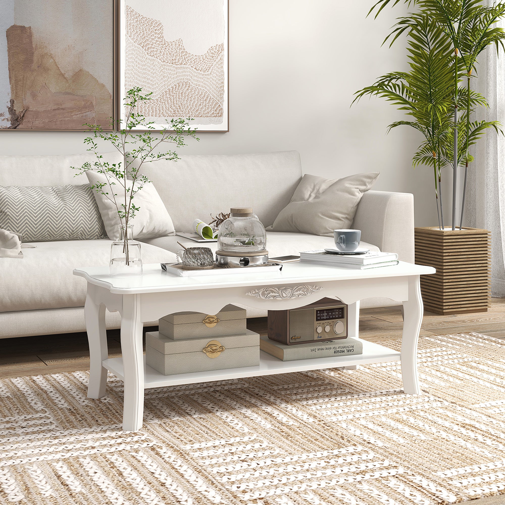 HOMCOM White Coffee Table Wood Cocktail Tea Centre Table with Storage Shelf for Living Room Reception Room, 94L x 44W x 42H cm 