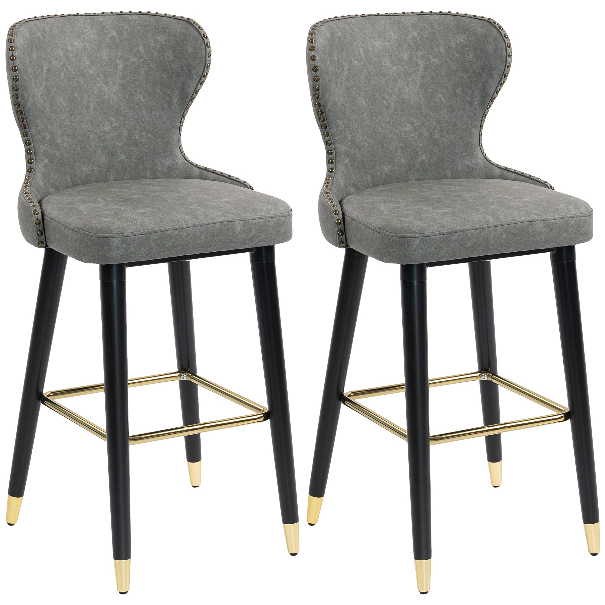 HOMCOM Bar Stools Set of 2, PU Leather Barstools with Back, Footrest and Wood Legs for Kitchen, Counter, Breakfast Bar, Grey 
