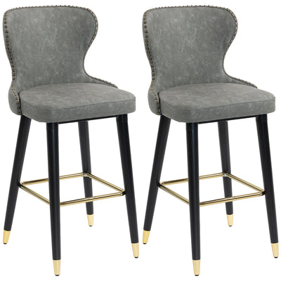 HOMCOM Bar Stools Set of 2, PU Leather Barstools with Back, Footrest and Wood Legs for Kitchen, Counter, Breakfast Bar, Grey 