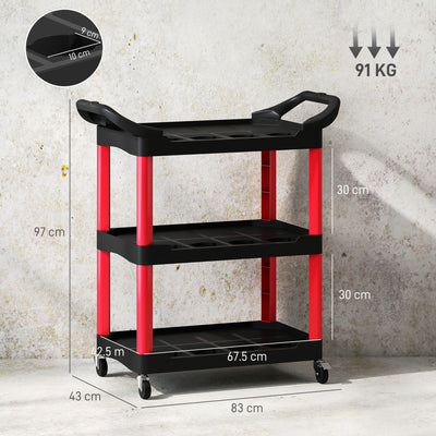 HOMCOM 3-Tier Rolling Tool Cart, Tool Trolley on Wheels, Plastic Mobile Service Utility Cart with Handles for Garage, Mechanics and Warehouse, 91kg Capacity, Black and Red 