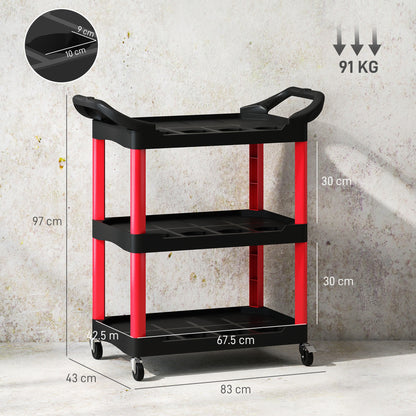 HOMCOM 3-Tier Rolling Tool Cart, Tool Trolley on Wheels, Plastic Mobile Service Utility Cart with Handles for Garage, Mechanics and Warehouse, 91kg Capacity, Black and Red