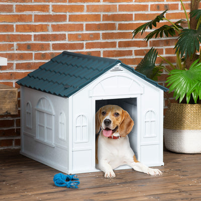 PawHut Plastic Weather-Resistant Dog House, for Indoors and Outdoors, Medium Dogs - White and Blue 