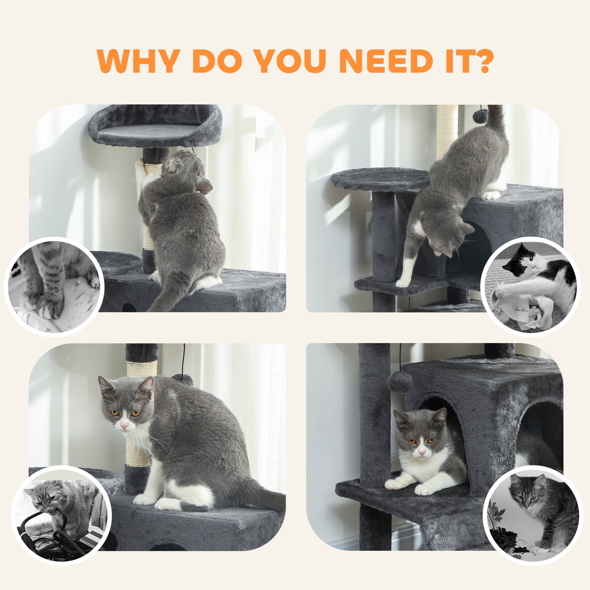 PawHut 160cm Large Cat Tree Tower with Sisal Scratching Posts, Condos, Plush Perches, Hammock, Ladder, Dark Grey 