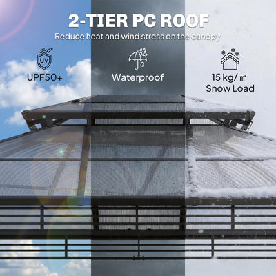 Outsunny 3 x 3.6 m Outdoor Hardtop Gazebo Canopy with 2-Tier Roof, Permanent Pavilion Garden Metal Gazebo with Sides, Dark Grey 