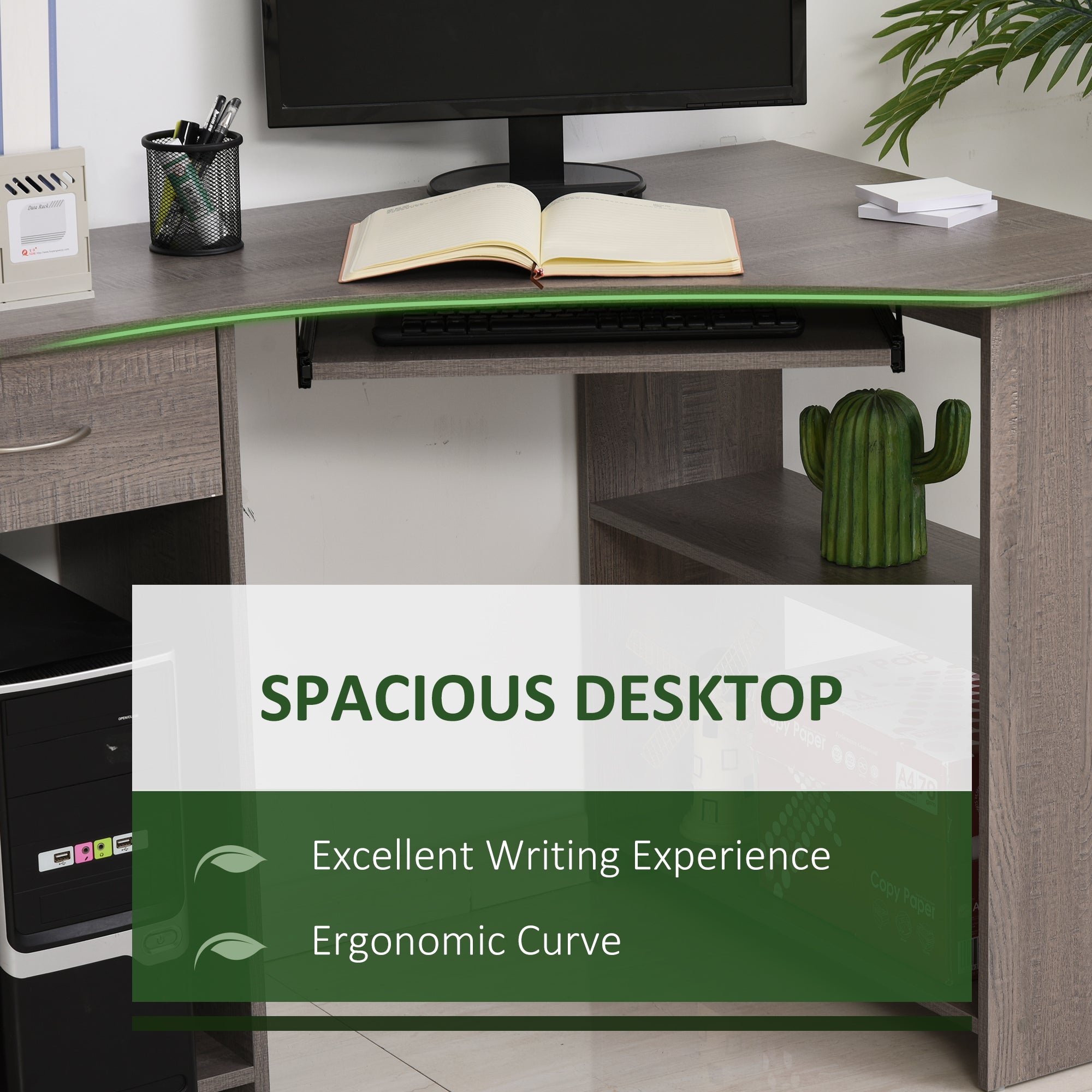 HOMCOM L-Shaped Corner Computer Desk w/ 2 Shelves Wide Worktop Keyboard Tray Drawer & CPU Stand Home Office Study Bedroom Furniture Grey 