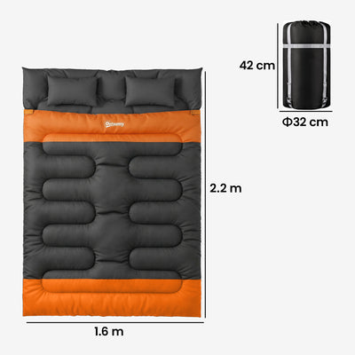 Outsunny Double Sleeping Bag with 2 Pillows, 220 x 160 cm Extra-Large Sleeping Bag for Adults, Grey and Orange 