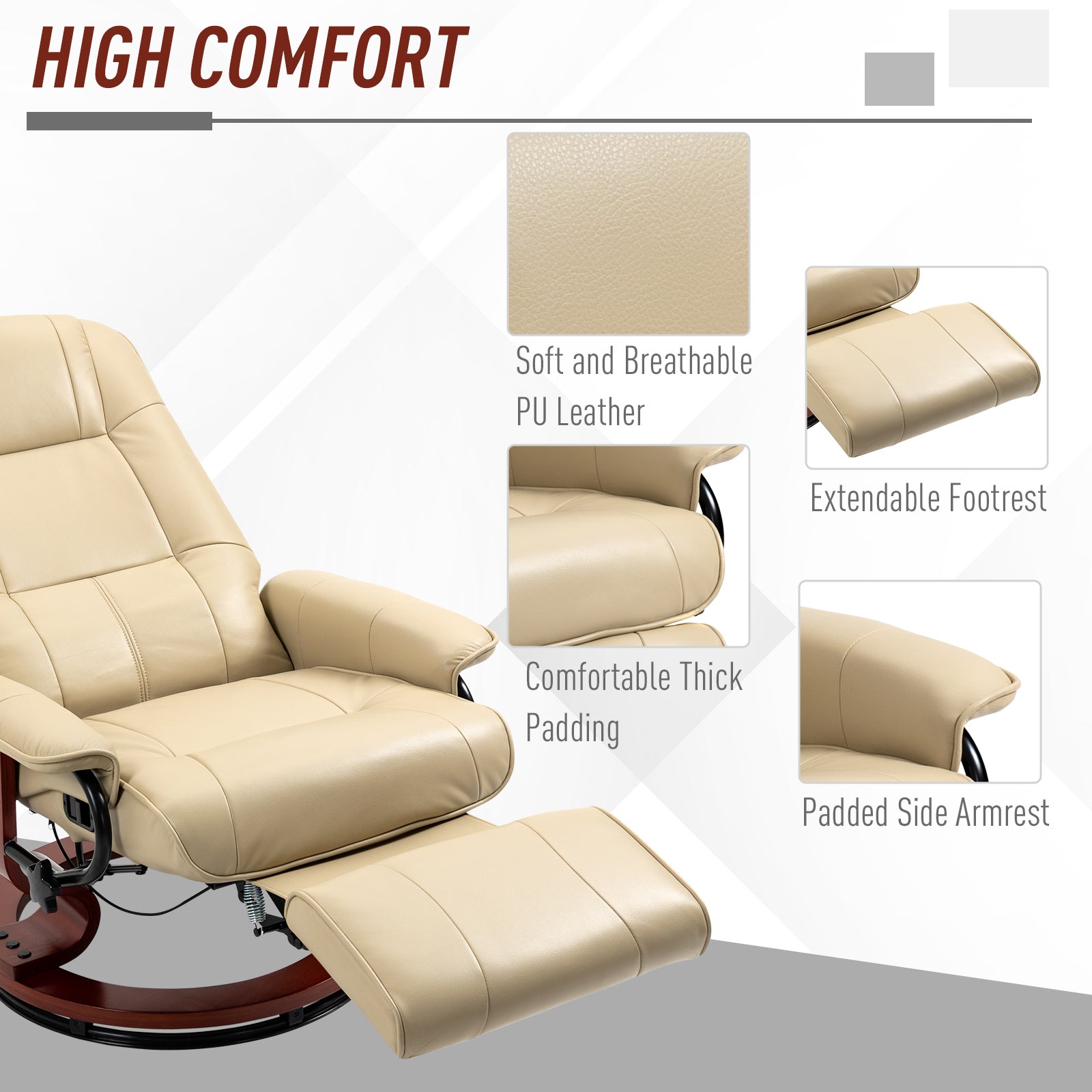 HOMCOM Faux Leather Armchair, with 145\'c2\'b0 Reclining Back and Footrest - Cream 