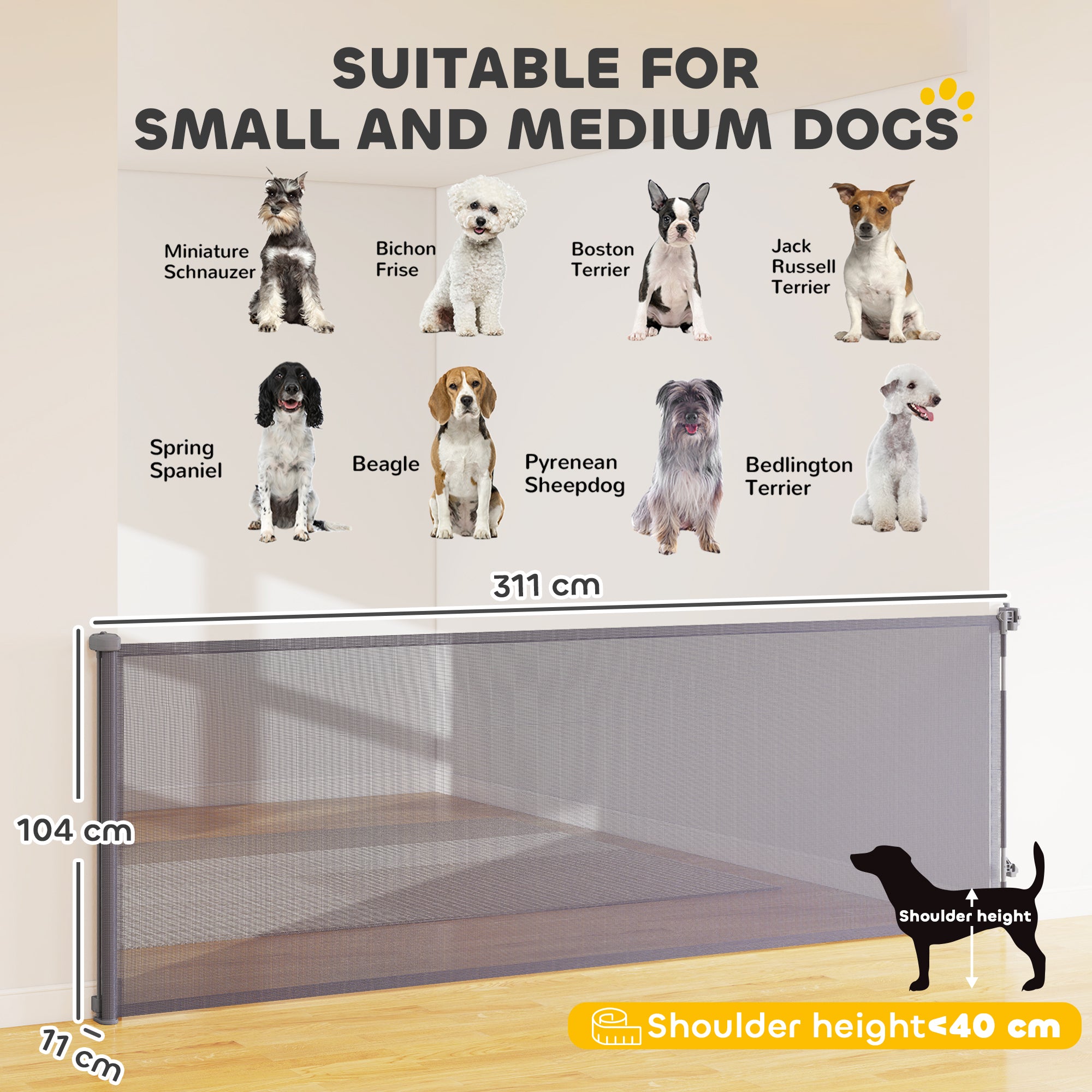PawHut Retractable Dog Gate, Extends to 300 cm Wide & 104 cm Tall, Mesh Pet Gate Single Hand Operation, for Stairs Doorways 