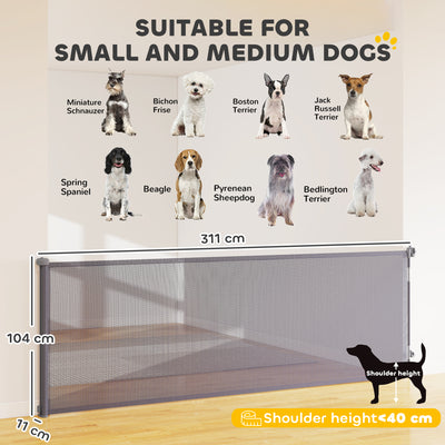 PawHut Retractable Dog Gate, Extends to 300 cm Wide & 104 cm Tall, Mesh Pet Gate Single Hand Operation, for Stairs Doorways 