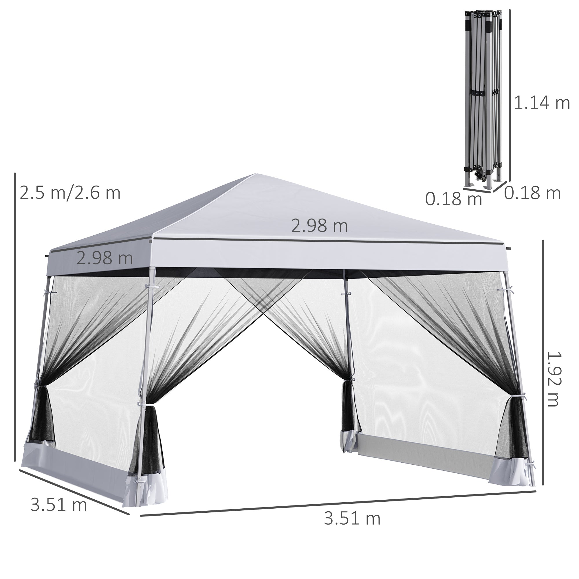 Outsunny Outdoor Garden Pop-up Gazebo Canopy Tent Sun Shade Event Shelter Folding with Adjustable Height, Mesh Screen Side Walls 3.5 M × 3.5 M Base / 3 M × 3 M Top, White 