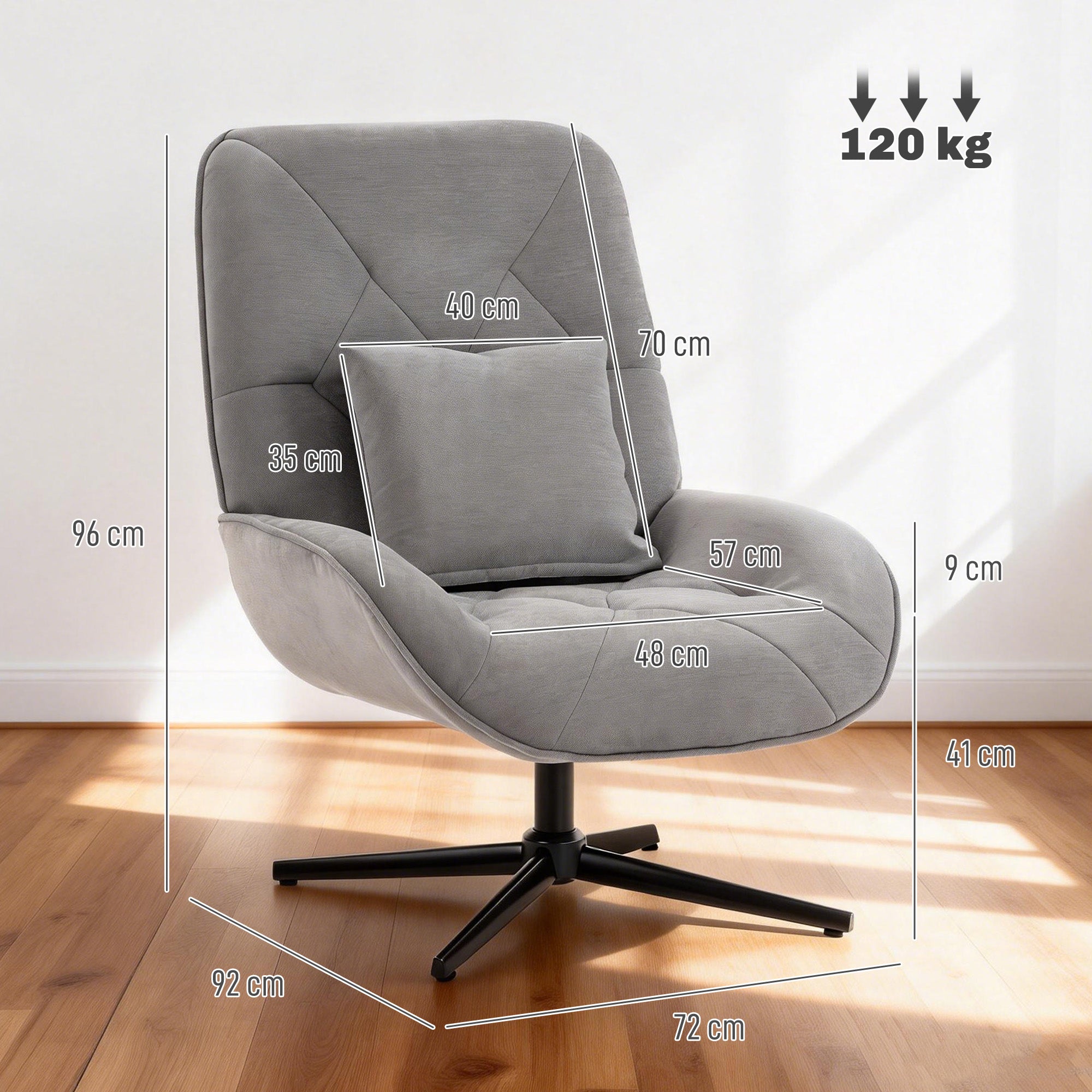 HOMCOM Accent Chair, Chenille Upholstered Swivel Armchair with Lumbar Pillow, High Back, Deep Seat and Metal Legs, Light Grey 