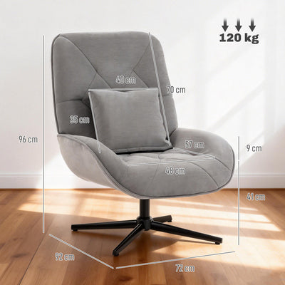 HOMCOM Accent Chair, Chenille Upholstered Swivel Armchair with Lumbar Pillow, High Back, Deep Seat and Metal Legs, Light Grey 