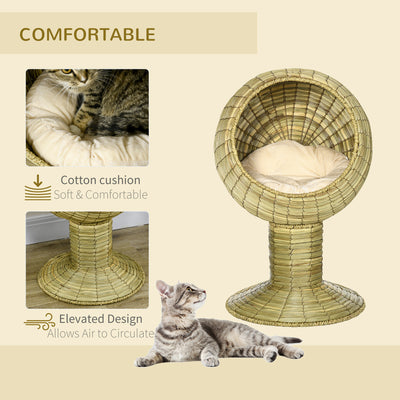 PawHut Raised Detachable Cat house, Natural Mat Grass Cat Bed, with Cushion 